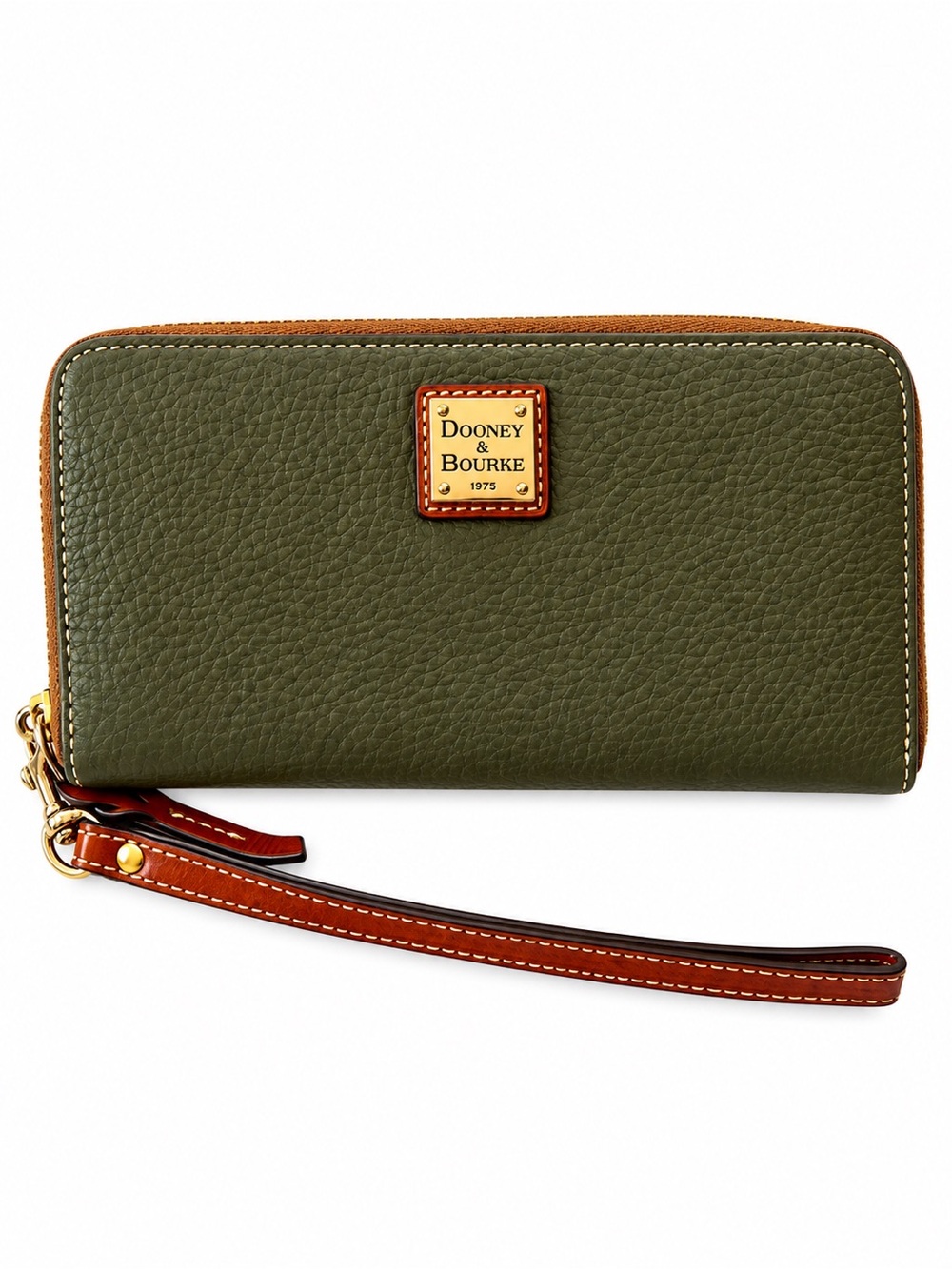 Dooney & Bourke Olive Green Leather Zip 0043 Wallet with Gold Plaque